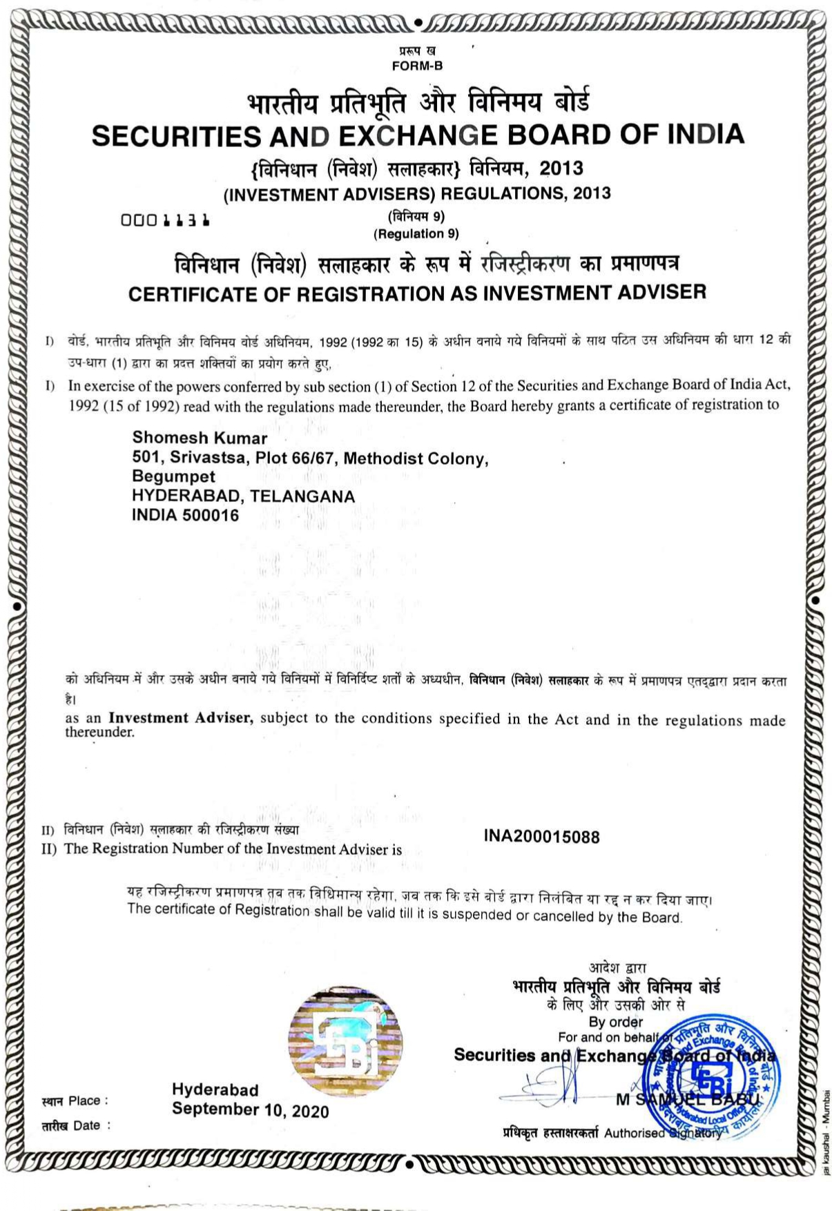 SEBI Investment Adviser registration certificate